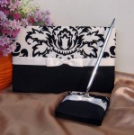 Balck and White Wedding Guest Register Book -  Floral design with white bow + Silver Pen & Stand